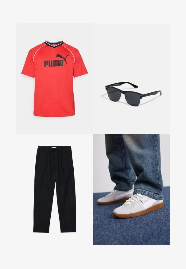 Κόκκινη αθλητική φανέλα κοντομάνικη από αναπνεύσιμο ύφασμα. Διαθέτει μαύρο λογότυπο Puma και αντίθετους μαύρους και λευκούς τόνους στον γιακά.; Pier One Chinos - black; Puma PALERMO UNISEX - Αθλητικά παπούτσια - white/cool light gray/gold; Μαύρα γυαλιά ηλίου σε ορθογώνιο σχήμα, σκούροι φακοί, ασημί λεπτομέρειες στους κροτάφους και ματ φινίρισμα στον σκελετό.