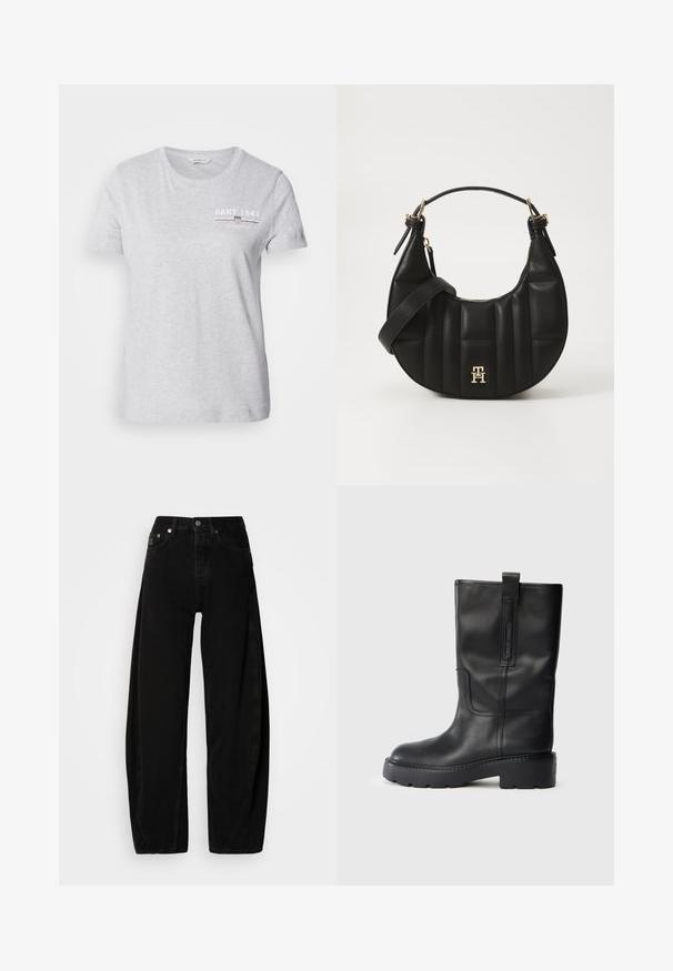 Ljusgrå bomulls-T-shirt med rund hals, korta ärmar och en tryckt logotyp i vitt och mörk röd på vänster bröstområde.; Svarta denimbyxor med vida ben och hög midja, med knappgylf, fem fickor och minimal sömnadsdetaljer.; Svarta läderknähöga stövlar med en stilren design, som har en tjock sula och en dragflik på sidan för enkel påtagning. Iögonfallande sömnadsakcentueringar.; Svart läderhandväska med en böjd form, vadderad textur och guldfärgade detaljer. Har en avtagbar axelrem och logotypdetalj.