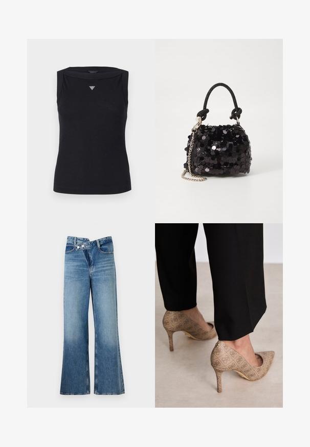 Črna brezrokavnica iz bombaža, z čolnastim izrezom in majhnim kristalnim trikotnim logotipom na prsih. Gladka tekstura.; Svijetloplave traperice s flared krojem i visokim strukom, koje se zatvaraju s dva gumba i imaju prednje džepove. Tkanina ima izblijedjeli izgled s suptilnim varijacijama.; Bež čevlji na visokem petem z teksturirano tkanino, ki ima ponavljajoč vzorec. Oblika z ostrim nosom z zadaj poudarjenim delom in zlatim podplatom.; Črna mini torbica s palčkami iz bleščic, z vozlanim teksturiranim trakom in srebrnima verigama. Okrogla oblika z nabranim vrhom in odsevnimi detajli.