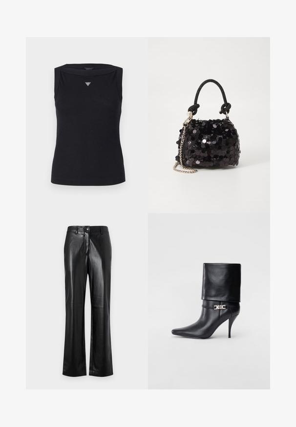Melna bezpiedurkņu blūze no kokvilnas ar laivu formas kakla izgriezumu un mazu kristāla trīsstūra logo uz krūtīm. Gluda tekstūra.; Melnas ādas bikses ar taisnu kāju dizainu, ar priekšējo pogu aizdari, jostas cilpiņām un gludu, spīdīgu tekstūru.; Melnas ādas potīšu zābaki ar smailu purngalu, augstu stiletto papēdi, salocītu aproci un zeltītu dekoratīvu sprādzi uz potītes.; Melna spīguļota mini rokas soma ar mezglotu teksturētu siksniņu un sudraba ķēdi. Apaļa forma ar sakopotām malām un atstarojumu detaļām.