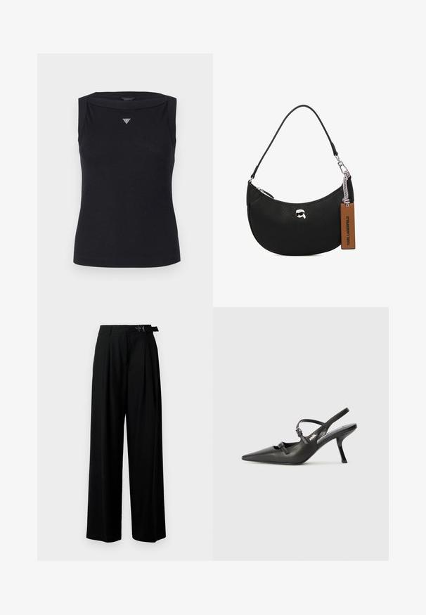 Juodas be rankovių medvilnės topas, kuriame yra laivo formos iškirpė ir mažas kristalų trikampio logotipas ant krūtinės. Lygus ir švelnus audinys.; Juodos plačios kojų kelnės su aukštu liemeniu, priekinėmis klostėmis ir diržu su sagtimi. Pagamintos iš lygaus, lengvo audinio.; Juodi odiniai slingback kulniukai su smailiu pirštu, siauru kulnu ir dekoratyvine sagtimi viršuje. Lygus paviršius ir elegantiškas dizainas.; Juodas odinis rankinės su grublėta tekstūra, išlinkusia forma, viršutiniu užtrauktuku, sidabrinėmis detalėmis ir rudąja etiketė. Pabrėžtas logotipo akcentas.