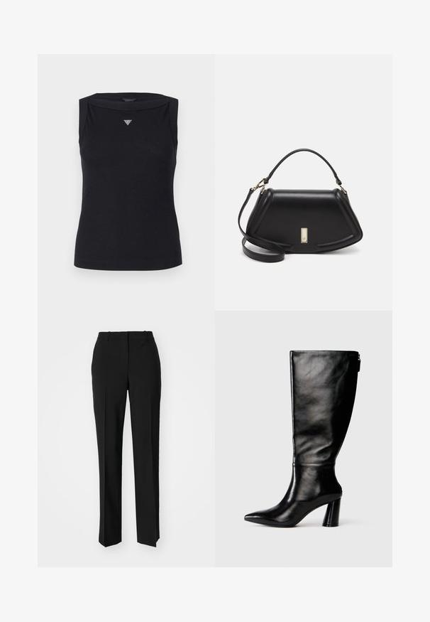 Black sleeveless top made of cotton, featuring a boat neckline and a small crystal triangle logo on the chest. Smooth texture.; Black tailored trousers with a straight-leg design, featuring a smooth texture and crisp creases along the front. No visible hardware.; Knee-high black leather boot with a pointed toe, smooth texture, and a chunky heel. Features a zipper detail at the back.; Black leather handbag with a structured design, featuring a cropped shape, top handle, and gold hardware accent. Adjustable shoulder strap included.