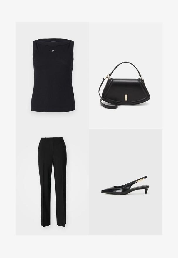 Top negru fără mâneci din bumbac, cu decolteu bateau și un mic logo triunghiular din cristal pe piept. Textură netedă.; Pantaloni negri tailor-ed cu un design drept, având o textură fină și cute clare pe față. Fără elemente de prindere vizibile.; Sandale slingback din piele neagră cu vârf ascuțit, având un toc subțire și un accent de culoare aurie pe curea ajustabilă. Textură netedă.; Geantă de umăr din piele neagră, cu un design structurat, având o formă tăiată, mânere superioare și accente din aur. Include o curea de umăr ajustabilă.