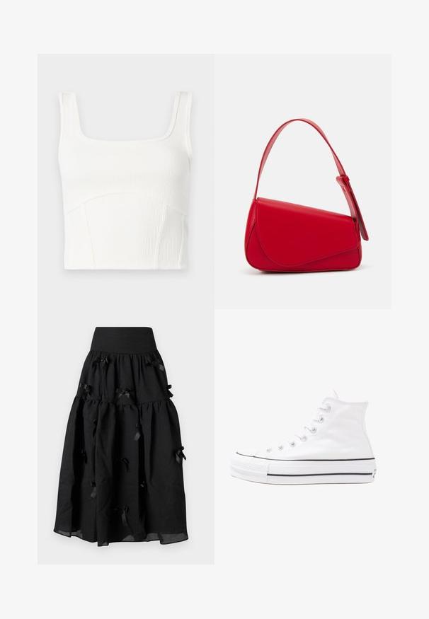 Valge ribaga crop top ruudukujulise kaelusega, paksude õlavarre rihmade ja õmblustega. Pehme kangas tekstureeritud viimistlusega.; Sister Jane BIRDIE BOW MIDI SKIRT - A-lõikeline seelik - black; Valge kõrgem kangast tenniseking, millel on must kummist tald, ees kummist varvasetugi ja kuus aukku paelte jaoks, pakkudes puhta ja minimalistliku disaini.; Punane nahast käekott, millel on nurkadega geomeetriline disain. Omab ühte reguleeritavat rihma ja klappidega sulgemist, millel on õmblustega kaunistused.