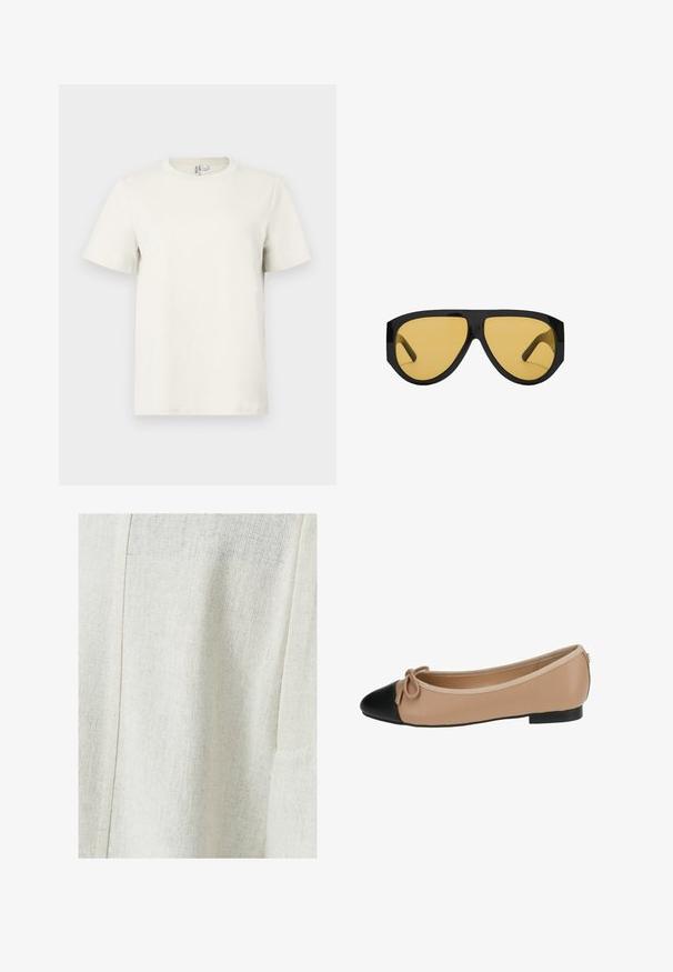 Svetlo béžové bavlnené tričko s okrúhlym výstrihom, krátkymi rukávmi a bežným strihom. Hladká textúra a minimalistický dizajn bez vzorov alebo akcentov.; Svetlo béžová ľanová textílie s textúrovaným vzorom, so švom a bočnou vreckom. Hladký povrch so subtilným tkaním.; Baleríny z béžovej kože s čiernou špičkou. Obsahujú prednú mašľu a hladký povrch. Nízky profil s gumovou podrážkou.; Slnečné okuliare s elegantným čiernym plastovým rámom a žltými tónovanými sklami, s výrazným uhlovým tvarom a širokými spánkami pre zvýšenú ochranu.