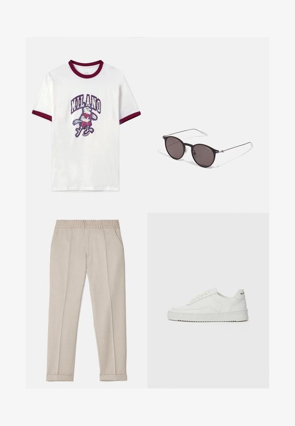 Balta kokvilnas T-kreklu ar bordo ribotu apkakli un piedurknēm. Satur grafisku dizainu, kurā attēlots varonis, kurš tur nūju, un tekstu "MILANO".; Filippa K TERRY CROPPED TROUSERS - Auduma bikses - sage melange; Baltas ādas sneakers ar gludu virsmu, apaļu pirkstu daļu, plakaniem šņorēm un teksturētu zoli. Satur diskrētu logotipu uz papēža.; Melni apaļi saulesbrilles ar tumšiem lēca un plānām metāla stangām. Iekļautas caurspīdīgas tempļu galviņas un sudraba akcenti pie eņģes. Minimalistisks dizains.