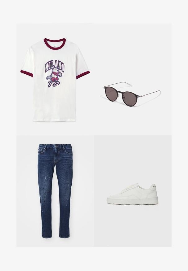 White cotton t-shirt with maroon ribbed collar and sleeves. Features a graphic design of a character holding a bat and the text "MILANO".; Dark blue denim jeans with a slim fit, featuring paint splatters, visible stitching, and standard five-pocket design. Straight leg cut.; White leather sneaker with a smooth finish, round toe, flat laces, and a textured sole. Features a subtle logo on the heel.; Black round sunglasses with dark lenses and slim metal arms. Includes clear temple tips and silver accents at the hinge. Minimalist design.