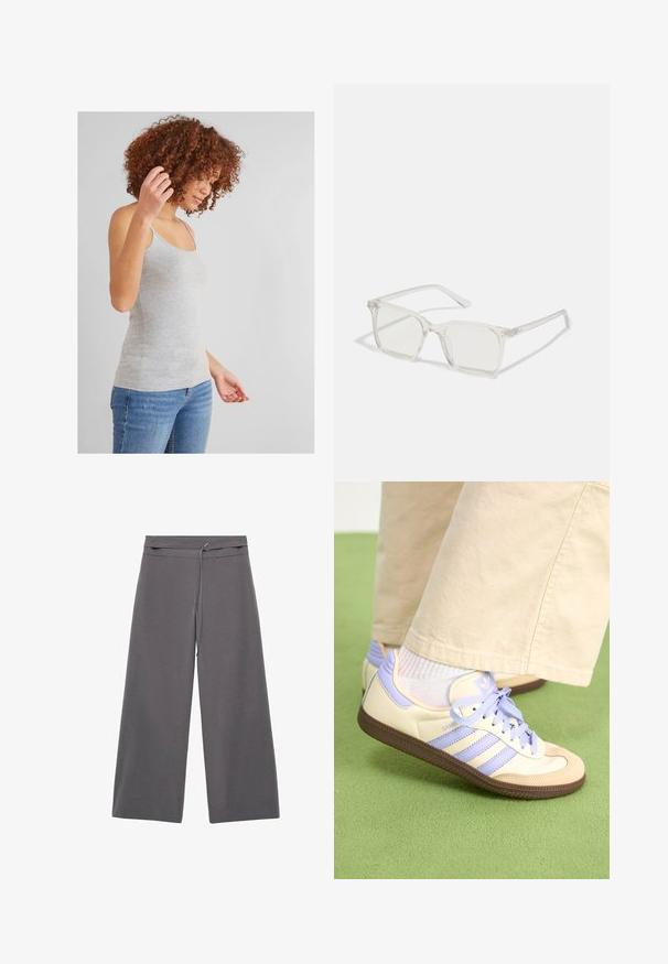 Top in cotone grigio con spalline sottili, design aderente e texture liscia, abbinato a jeans denim blu. Stile semplice e versatile.; Pantaloni a gamba larga in tessuto grigio scuro con una texture liscia, dotati di vita con cintura e un design minimalista.; Sneakers crema e lavanda con tre strisce e suola marrone texturizzata, dotati di lacci e tallone imbottito. Parte superiore in tessuto morbido.; Occhiali da sole quadrati in plastica trasparente con lenti traslucide, caratterizzati da dettagli in oro sulle tempie.