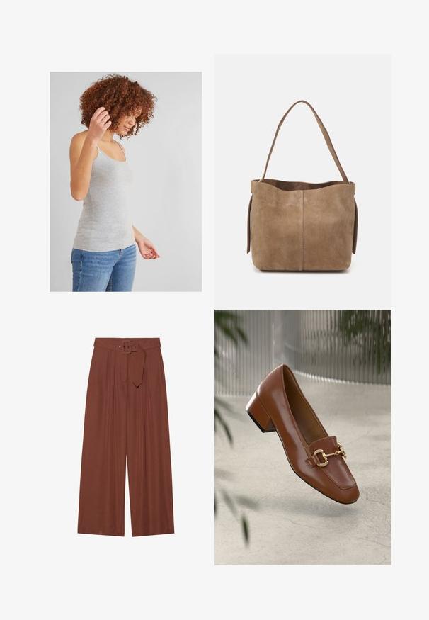 Top in cotone grigio con spalline sottili, design aderente e texture liscia, abbinato a jeans denim blu. Stile semplice e versatile.; Pantaloni a gamba larga in tessuto marrone, con cintura a fibbia quadrata, design plissettato e texture liscia.; Mocassino in pelle verniciata marrone con punta quadrata, accentato da catena metallica e tacco basso; texture liscia, design minimalista.; Borsa a spalla in suede marrone con una texture morbida, apertura superiore e una sola tracolla. Presenta una finitura liscia e un design minimale.