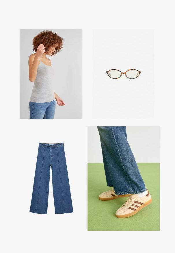 Gray cotton tank top with thin straps, fitted design, and smooth texture, paired with blue denim jeans. Simple and versatile style.; Wide-leg denim jeans in medium blue, featuring a high waist, button closure, and contrasting vertical seam details along the front.; Beige sneakers with textured cream panels and brown stripes, paired with blue denim jeans. The jeans have a wide leg and frayed hem.; Tortoiseshell eyeglasses with oval lenses and a sleek, smooth finish. Features thin sides with a subtle curve at the temples. Clear lenses.; Black leather handbag with a curved shape, detachable strap, and gold hardware. The bag features a flap with a buckle detail.