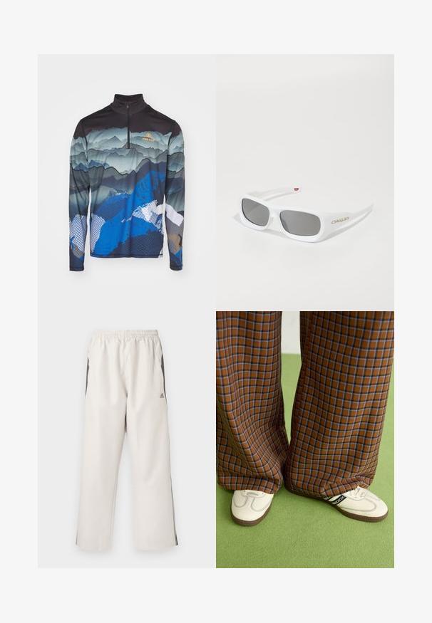 Bogner Fire + Ice PASCAL - Pikkade varrukatega topp - multicolor; Heledad beežid jooksupüksid, millel on elastne vöökoht, küljetaskud, mustad külgtriibud ja Adidas logo vasakul reiel. Sile kangastekstuur.; Pruunide ja siniste ruuduliste laiad püksid, mille juurde on kombineeritud valged kingad mustade aktsentidega ja tekstuursete taldadega, roheline taust.; Valged ristkülikukujulised Oakley prillid tumedate läätsedega, puhkavad valgel pinnal, logo nähtav küljelt.