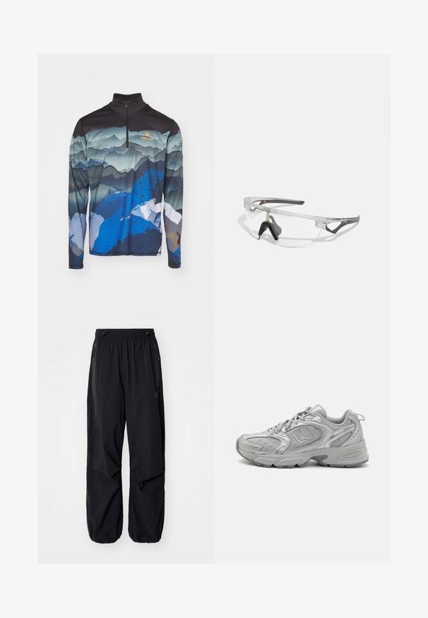 Bogner Fire + Ice PASCAL - Camiseta de manga larga - multicolor; Pantalones cargo ligeros negros con cinturilla elástica, cremalleras laterales y bolsillos amplios. Presentan un corte holgado y puños ajustados.; Zapatilla deportiva plateada con un diseño elegante, paneles de malla, lengüeta acolchada, parte superior sintética texturizada y suela de goma para tracción.; Gafas de seguridad transparentes con un marco ligero y acentos grises. Presentan un diseño envolvente y una almohadilla nasal ajustable.