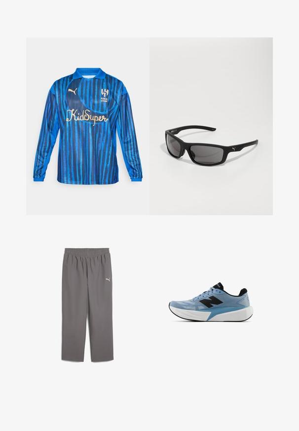 Modrá futbalová dres s dlhým rukávom s vertikálnymi pruhmi, golierom a zlatými logami na prednej strane. Vyrobený z hladkého, ľahkého materiálu.; Sivé športové nohavice s elastickým pásom, vyrobené z ľahkej textílie. Na ľavom stehne sa nachádza malé bílé logo.; Svetlo modrá bežecká obuv s čiernym logom, hrubou bielou podrážkou a čiernym vnútorným podšitím, zobrazená z boku na bielom pozadí.; Čierne slnečné okuliare s matným povrchom, obdĺžnikové šošovky a výrazný logový akcent na spánku. Polarizačné šošovky, UV ochrana.