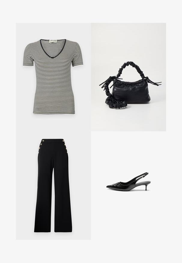 Čierne a smotanovo pruhované tričko s krátkym rukávom a výstrihom do V, vyrobené z mäkkého materiálu. Obsahuje tenké horizontálne pruhy a priliehavý strih.; Čierne nohavice s vysokým pásom a širokými nohavicami so zlatými gombíkmi na prednej strane a vreckami na oboch bokoch na bielom pozadí.; Čierne kožené slingback podpätky s ostrou špičkou, malým podpatkom a dekoratívnym uzlom vpredu. Hladký povrch po celom obvode.; Čierna umelá kožená kabelka s kroko vzorom, sťahovaným vrchom a zhnutým popruhom. Vyzerá mäkko a kompaktné v dizajne.