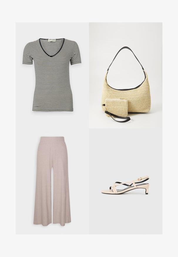 Juodas ir kremo spalvos juostelėmis trumpomis rankovėmis T-shirt su V formos iškirpte, pagamintas iš minkštos medžiagos. Turi plonas horizontalias juosteles ir prigludusį siluetą.; Šviesiai pilki plačios kojų kelniai, pagaminti iš minkštos, ruoželinės medžiagos, su aukštu liemeniu ir pilno ilgio kojomis, švelnia tekstūra.; Bežiniai odiniai sandalai su kryžminiais dirželiais, mažu kulnu ir juodais akcentais. Lygi tekstūra ir minimalistinis dizainas.; Austo pynimo šiaudinio rankinio krepšio su kreiviu siluetu, su glotnia juoda odine rankena ir atitinkamu mažu maišeliu, pritvirtintu prie riešo juostos.