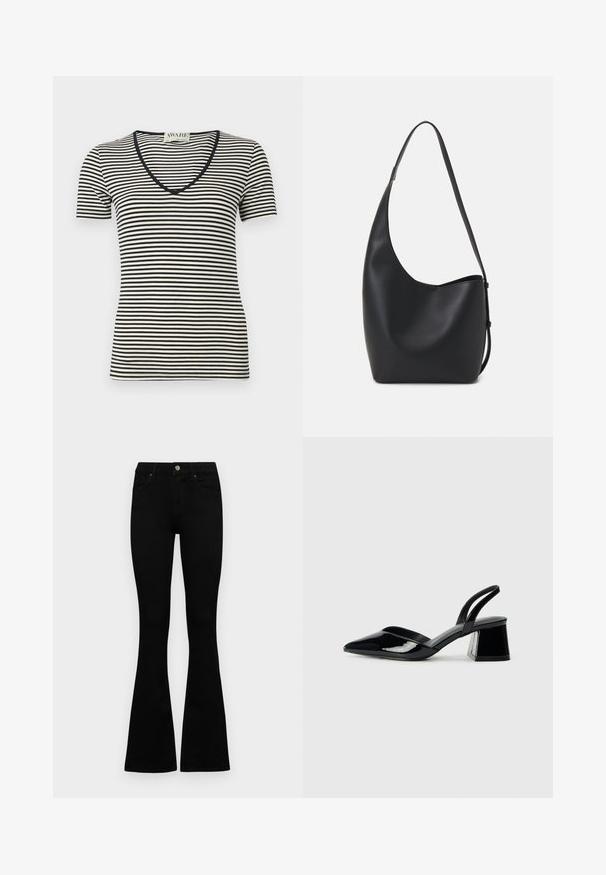 T-shirt de mangas curtas às riscas preta e creme com decote em V, feito de material suave. Apresenta riscas horizontais finas e um formato ajustado.; Jeans pretos de cintura alta com fecho de botão e zíper, bolsos frontais e pernas largas dispostos em cima de um fundo branco.; Sandy em verniz preto com salto slingback, ponta afilada e salto geométrico. Apresenta um design elegante e minimalista com textura suave.; Saco hobo preto em pele com uma textura lisa, forma curva e uma única alça ajustável; apresenta uma abertura larga na parte de cima.