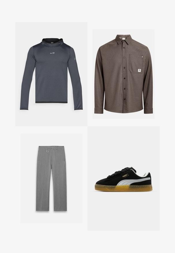 Endless HERO - Topper langermet - titanium; Brun rutete langermet skjorte med knappestolpe foran, enkelt brystlomme og logomerke. Mykt stoff, standard krage og knappeledd.; Grå skreddersydde bukser med teksturert finish. Den har glidelås foran, sidelommer og detaljer i sølvfarge. Rett ben-design.; Sorte semsket sneaker med hvit sidestripe og gull logo. Har en gummisåle med teksturert mønster. Lisser er svarte og flate.