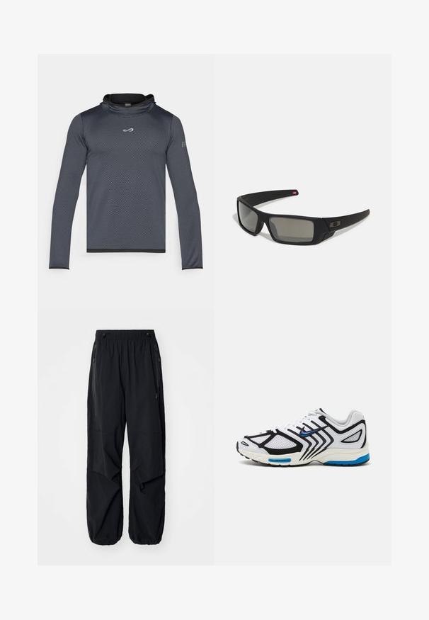 Endless HERO - Ilgarankovis viršutinės dalies drabužis - titanium; Juodos lengvos krovininės kelnės su elastinga juosmeniu, šoninėmis užtrauktukais ir erdviomis kišenėmis. Turi laisvą prigludimą ir siaurėjančius rankogalius.; Baltas sportinis batelis su juodais akcentais, tinkleliais ir mėlynomis detalėmis. Ypatybėms priskiriamas tekstūruotas padas ir elegantiškos dizaino linijos.; Juodi akiniai saulės su matinio paviršiaus užbaigimu, stačiakampiai lęšiai, švelnus lenkimas ant šventyklų, subtilus logotipo detalizavimas ir dūminiai lęšiai.