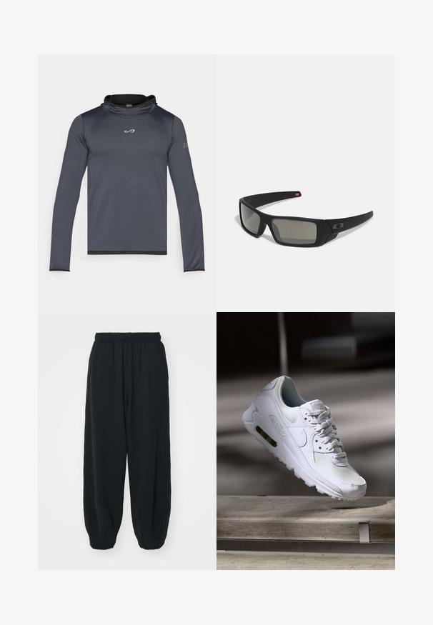 Endless HERO - Pikkade varrukatega topp - titanium; Mustade elastse vöökoha ja laia lõikega dressipüksid, mansetiga sääred, sile tekstuur ning ilma nähtavate mustrite või detailideta.; Valged Nike Air Max 90 sneakers, millel on võrkkangast ja nahast ülemine osa, aukudega varbadosa ning nähtav õhuüksus kandades.; Mustad mustaga viimistlusega prillid, ristkülikukujulised läätsed, templite kerge kõverus, diskreetne logo detail ja suitsutatud läätsed.