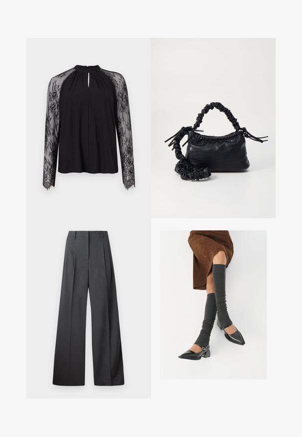 Svart bluse med et nøkkelhull-halsen og lange, gjennomsiktige blonde-ermer med blomstermønster. Hovedstoffet er glatt og lett.; Vide bukser i mørkegrått stoff med høy livlinje, enkel press, og en glatt tekstur med en ren finish på ermekantene.; Sorte lakkpumps med spiss tå, blokkhel, og ankelstropp, kombinert med grå ribbestrikkede beinvarmere og et brunt semsket skinn skjørt.; Svart faux skinn-håndveske med krokodilletekstur, strammet topp og en rynket stropp. Ser myk og kompakt ut i designen.
