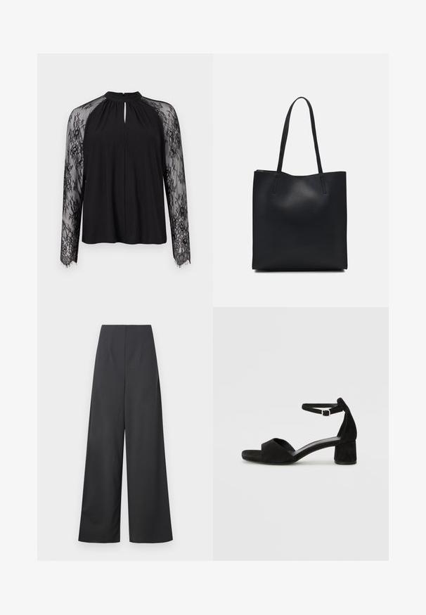 Blusa negra con escote tipo ojal y mangas largas de encaje transparente con patrones florales. La tela principal es suave y ligera.; Pantalones de pierna ancha de talle alto en tejido gris oscuro con una textura suave. No presentan bolsillos visibles ni adornos.; Sandalias de tacón negro de ante con una delgada correa en el tobillo, diseño de punta abierta y un bloque de tacón modesto. Textura suave y acentos mínimos.; Bolso tote de cuero negro con textura lisa, forma rectangular y dos asas largas. Sin herrajes ni adornos visibles.