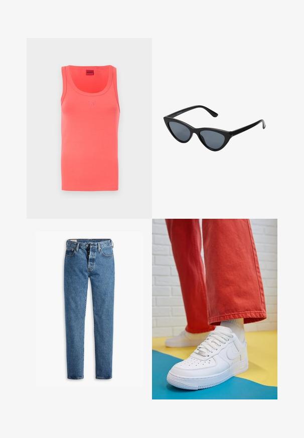 Coral tank top with a round neckline and a fitted shape. Features the embossed logo "HUGO" in matching color at the center front. Soft fabric.; Light blue denim jeans with a straight cut, five pockets, and standard button-fly closure. Features orange stitching and a slightly faded texture.; White leather sneaker with perforated toe box, textured sole, and white laces, paired with wide red pants and a blue and yellow background.; Black cat-eye sunglasses with dark gray lenses, sleek plastic frame, pointed corners, and straight temples. No visible hardware or accents.