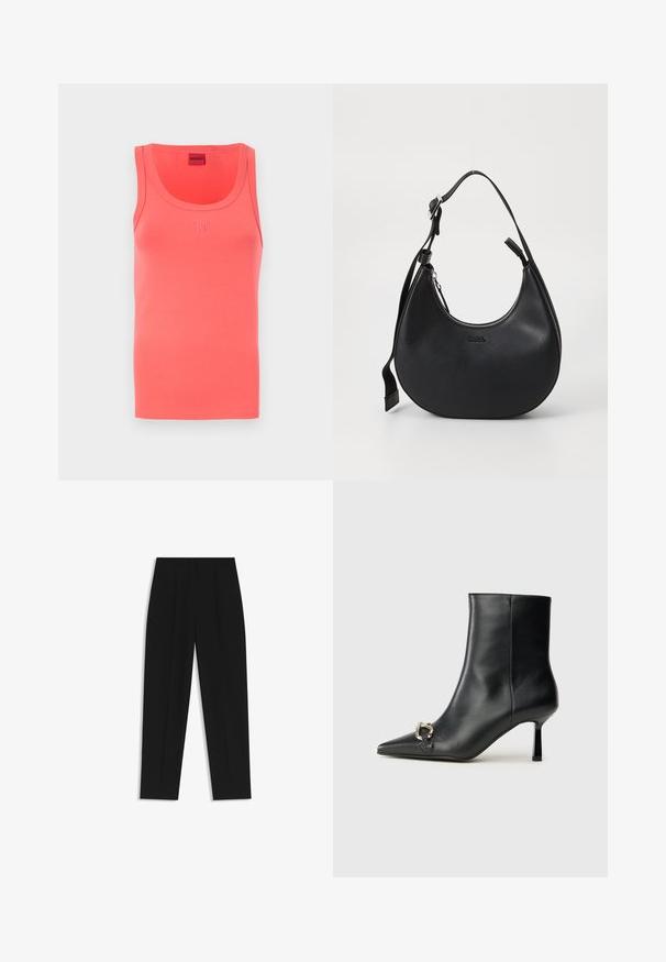 Koraalroze tanktop met een ronde halslijn en een slanke pasvorm. Kenmerkt zich door het reliëflogo "HUGO" in bijpassende kleur op de voorkant. Zachte stof.; Zwarte broeken met een rechte pasvorm, voorzien van dubbele plooien, een zachte textuur en een klassiek taillebandontwerp. Geen zichtbare hardware of accenten.; Zwarte leren enkelboot met spitse neus, slanke middenhoge hak en zilveren gespdetail aan de zijkant op een effen achtergrond.; Zwarte leren schoudertas met een gebogen vorm, ritsluiting en verstelbare schouderband. Voorzien van het reliëf logo van het merk aan de voorkant.