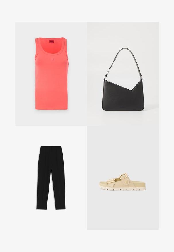 Koralli väritoppi, jossa on pyöreä kaula-aukko ja tiukka malli. Keskellä edessä on kohokuvioitu "HUGO"-logo samaa väriä. Pehmeä kangas.; Mustat housut suoran istuvuuden kanssa, joissa on kaksinkertaiset laskokset, sileä pinta ja klassinen vyötärönauhan muotoilu. Ei näkyviä metalliosia tai koristeita.; Beige liukumäki sandaalit, joissa on kaksi säädettävää kultakahvaa, pehmeä mokkanahka päällinen, teksturoitu pohja ja kohtuullinen platform-korkeus mukavuutta varten.; Musta nahkakäekott kolmnurga kujuga, peene rihmaga ja hõbedaste detailidega. Omab lukuga sulgemist ja esiküljel on reljeefne logo.