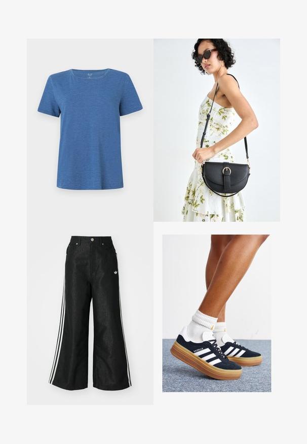 Sininen lyhythihainen t-paita, joka on valmistettu pehmeästä kankaasta, pyöreällä pääntiellä ja rentoa istuvuutta. Materiaalissa on hienovarainen rakenne.; Mustat leveät farkut kolmella valkoisella raidalla jokaisella sivulla ja pienellä valkoisella logolla. Ominaisuuksiin kuuluvat etutaskut ja napitus.; Musta mokkanahkainen tennari, jossa valkoiset raidat ja yksityiskohdat, pyöreä kärki, purukumipohja, yhdistetty valkoisiin ribbineuleisiin nilkkasukkiin.; Musta nahkainen käsilaukku, joka on kaareva muotoilultaan, irrotettavalla hihnalla ja kultaisilla yksityiskohdilla. Laukussa on läppä, jossa on solk yksityiskohta.