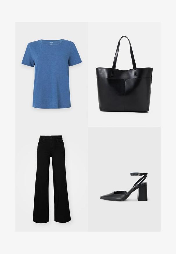 Blue short-sleeve t-shirt made of soft fabric with a rounded neckline and a relaxed fit. Features subtle texture throughout the material.; Black wide-leg pants made of denim, featuring a structured waistband, belt loops, and front pockets. Smooth texture with a classic design.; Black leather pointy-toe pump with an ankle strap and a chunky heel. Flat texture, sleek design, and minimalistic aesthetics.; Black leather tote bag with two long handles, a smooth texture, and a structured shape. Features a front pocket for additional storage.