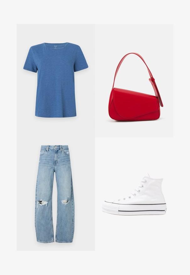 Blå kortärmad t-shirt av mjukt material med rundad halsringning och avslappnad passform. Har en subtil struktur genom hela tyget.; Ljusblå, högmidjade jeans i denim. Har vida ben, två slitna knäområden och klassisk femfickedesign.; Vit hög topp canvas sneaker med svart gummisulan, framsidan gummitåhätta och sex öglor för snören, med en ren, minimalistisk design.; Röd läderhandväska med en vinkelrät, geometrisk design. Har ett justerbart axelband och en klaffstängning med sydda detaljer.