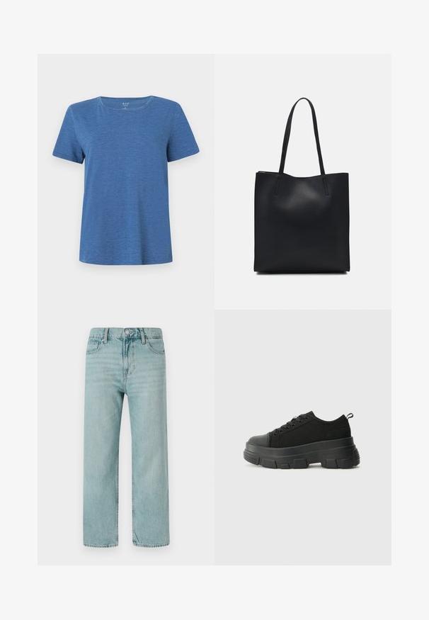 Niebieska koszulka z krótkim rękawem, wykonana z miękkiego materiału, z okrągłym dekoltem i luźnym krojem. Posiada subtelną teksturę na całej powierzchni materiału.; Jasnoniebieskie dżinsy szerokie w nogawkach, wykonane z denimu, z klasycznym pięciopocketowym wzorem, czystymi liniami oraz standardowym pasem z zapięciem na guzik.; Czarne sneakersy z masywną gumową podeszwą, teksturowaną górną częścią, okrągłym noskiem i sznurowanym zapięciem. Posiadają wzmocnione oczka i pętelkę z tyłu.; Czarna skórzana torba tote o gładkiej fakturze, prostokątnym kształcie i dwóch długich uchwytach. Brak widocznych elementów metalowych i ozdób.