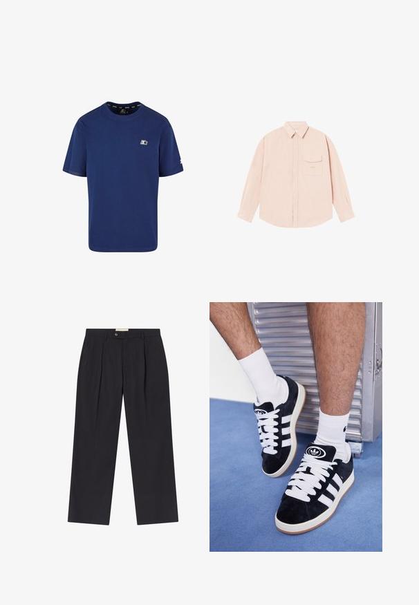 Tumed sinine T-särk, mis on valmistatud puuvillast; lühikesed varrukad; ringkaelus; vasakpoolsel rinnal on väike logo ja varrukal aksent.; Hele roosa pika varrukaga särk pehmest kangast, millel on nööpidega krae, ees tasku ja diskreetne tikand loogol rinna peal.; Kohandatud tumehelesinised püksid kõrge vöökohaga, kahe esiliga, nööbi kinnitusega ja sirgete jalgadega siledast kangast.; Mustad nahkjalatsid valgete paelte ja kolme valge triibuga. Omab ümmargust musta logo keele peal ning kummist tallat.