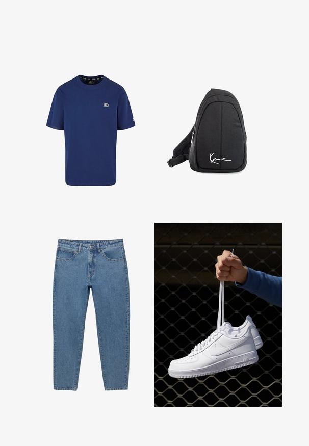 Granatowa koszulka z bawełny; krótki rękaw; okrągły dekolt; posiada małe logo na lewej piersi oraz akcent na rękawie.; Niebieskie dżinsy o prostym kroju nogawki, pięć kieszeni i zamek błyskawiczny. Charakteryzują się widocznym przeszyciem i wyblakłą teksturą.; Białe skórzane sneakersy z perforacjami, okrągłym noskiem, płaską podeszwą i grubymi sznurówkami, z widocznym logo swoosh i napisem „AIR” na pięcie.; Czarny plecak na ramię z gładkiego materiału, o zaokrąglonym kształcie, z zamykaną komorą i białym logo z przodu.