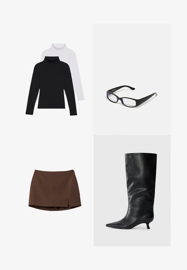 Čierne a biele dlhé rukávy rolákov, naskladané, vyrobené z rebrovanej látky, s obtiahnutými tvarmi a vysokými goliermi.; Hnedá mini sukňa z hladkého materiálu s predným rozparkom, čistými líniami a štruktúrovaným strihom. Bez vreciek a výrazných kovových detailov.; Čierna kožená čižma po kolená s špicatou špičkou a nízkym podpätkom, vystavená na jednoduchom svetlom pozadí.; Čierne obdĺžnikové okuliare s priehľadnými šošovkami. Lesklý povrch, úzke ramená a fialový nádych viditeľný na okrajoch šošoviek.; Strieborné hodinky z nehrdzavejúcej ocele so štvorcovým puzdrom, bielym ciferníkom, analógovým a digitálnym zobrazením a kovovým náramkom. Vodoodolný dizajn.