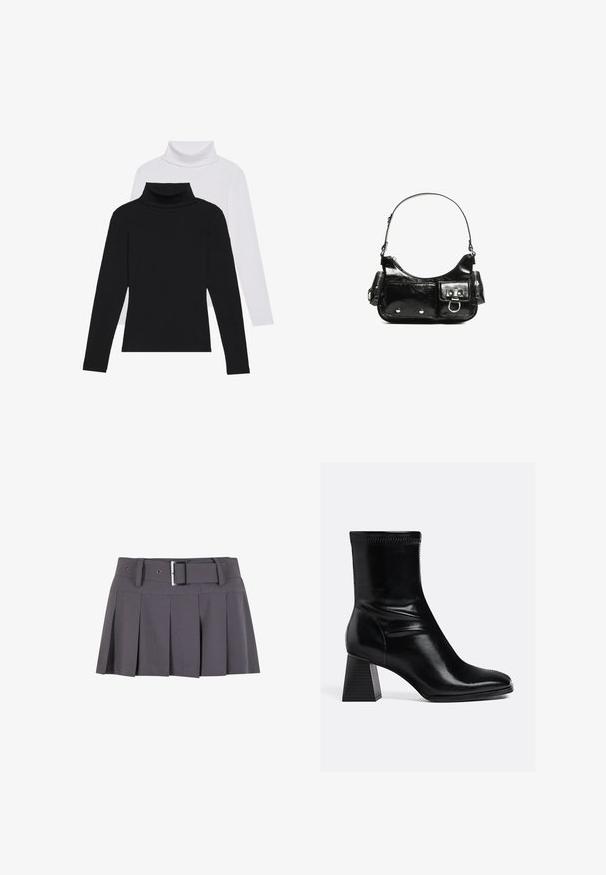 Sorte og hvide langærmede turtlenecks stablet, lavet af ribbet stof, med tætsiddende former og høje kraver.; Grå plisseret mini skirt med en glat tekstur, der har en bred taljeafsnit, bæltestropper og en rektangulær sølvspænde detalje.; Sorte læder ankelstøvler med en glat finish, firkantet tå og en struktureret blokhæl. Har elastisk ankeldesign og synlige syninger.; Sort patenteret læder håndtaske med en buet form, en skulderrem, frontlommer og hardware accenter i sølvfarve.