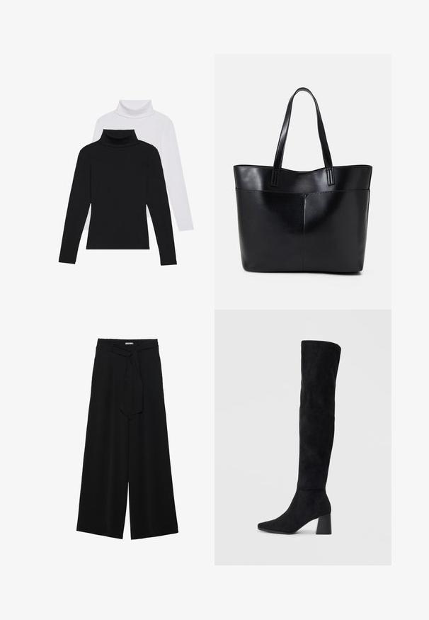 Schwarz-weiße Langarm-Turtlenecks übereinander gestapelt, aus geripptem Stoff, mit taillierten Formen und hohen Kragen.; Schwarze weite Hosen aus strukturiertem Stoff, mit elastischem Bund und einem abnehmbaren Bindegürtel in der Taille für eine verstellbare Passform.; Schwarze Wildleder-Stiefel bis zum Knie mit Blockabsatz, spitzer Zehe und glattem, nahtlosem Design auf einem schlichten, hellen Hintergrund.; Schwarze Leder-Shopper-Tasche mit zwei langen Griffen, einer glatten Textur und einer strukturierten Form. Verfügt über eine Vordertasche für zusätzlichen Stauraum.