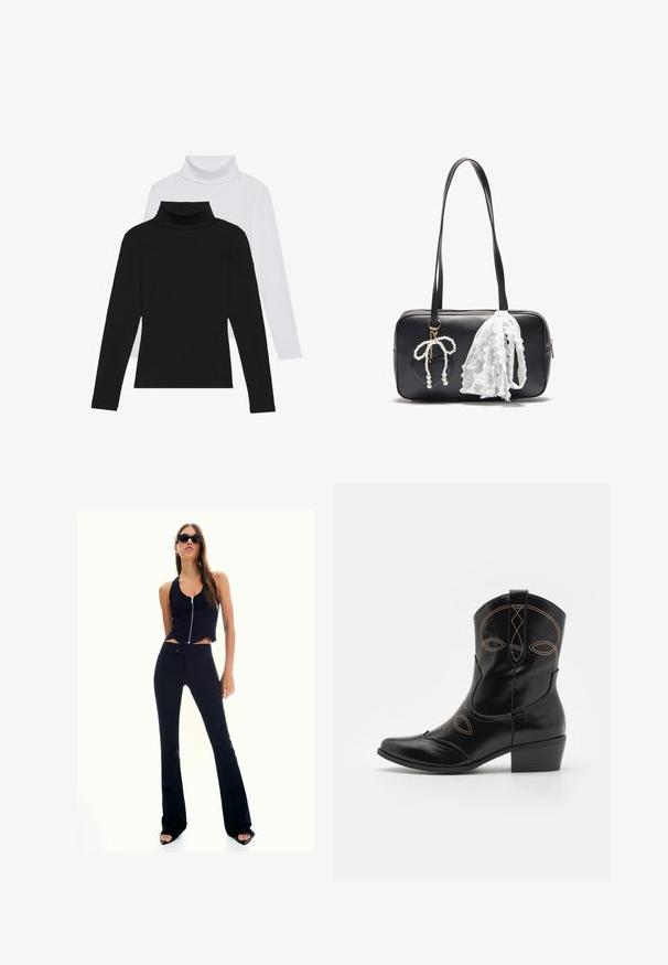 Sorte og hvide langærmede turtlenecks stablet, lavet af ribbet stof, med tætsiddende former og høje kraver.; Sort cropped tank top med lynlås foran, parret med højttaljede sorte flared bukser. Modellen bærer mørke solbriller og højhælede sandaler.; Sorte læder cowboystøvler med dekorativ orange stikning og udskæringsdesign. Har en kort stablet hæl og en spids tå.; Even&Odd Håndtasker - black
