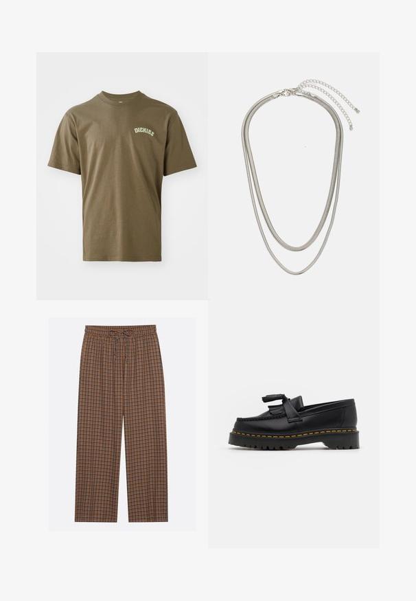 Olive green cotton t-shirt with short sleeves, round neck, and a small white "Dickies" logo printed on the left chest. Smooth texture.; Brown checkered pants with elastic waistband and drawstring. The pattern features blue and dark brown squares, lightweight fabric, wide-leg design.; Black leather loafer with a tasseled accent, featuring a chunky black sole and yellow stitching along the edge. Textured finish.; Three-layered silver metal necklace featuring sleek, flexible chains with a slight sheen, secured with a lobster clasp and adjustable chain.