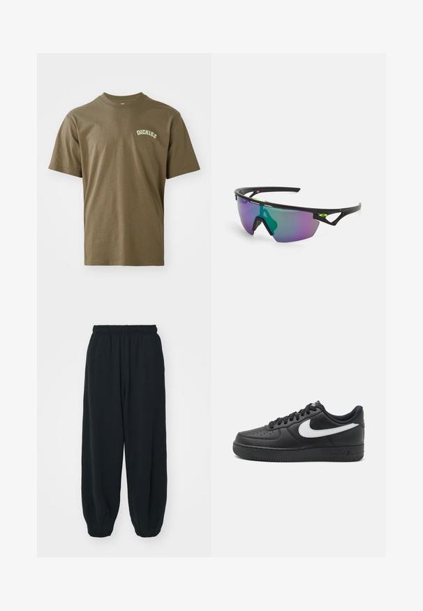 Oliivinvihreä puuvillainen t-paita lyhyillä hihoilla, pyöreällä kaula-aukolla ja vasemmassa rinnassa pieni valkoinen "Dickies"-logo. Silkkinen pinta.; Mustat, elastisella vyötäröllä varustetut collegehousut, joissa on löysä istuvuus, cuffattu lahje, sileä pinta ja ilman näkyviä kuvioita tai varusteita.; Mustat Nike Air Force 1 -kengät, joissa on sileä nahkapinta, valkoinen logo, rei'itetty varvasosa ja teksturoitu kumipohja.; Urheilulasit mustalla kehyksellä, suuret liukuväriset linssit, joissa on purppuran- ja vihreänsävyjä, sekä kulmikkaat muotoilun yksityiskohdat, joissa on logotieto.