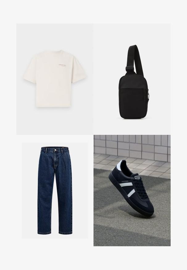 Kurzarm-T-Shirt mit Rundhalsausschnitt aus cremefarbenem Baumwollstoff, mit dem Text "ADRIATISCHES MEER" in Pink auf der Brust. Lockere Passform und glatter Stoff.; Dunkelblaue Denim-Jeans mit geradem Bein. Mit sichtbaren Nähten, einem Knopfverschluß und Frontfalten für zusätzliche Details.; Schwarze Leder-Sneaker mit weißen Streifen, strukturiertem Gummisohle und Schnürung. Verfügt über ein Markenetikett auf der Zunge.; Schwarze Umhängetasche aus robustem Gewebe, mit einem verstellbaren Tragegurt, einem Reißverschluss-Hauptfach und einer Fronttasche.