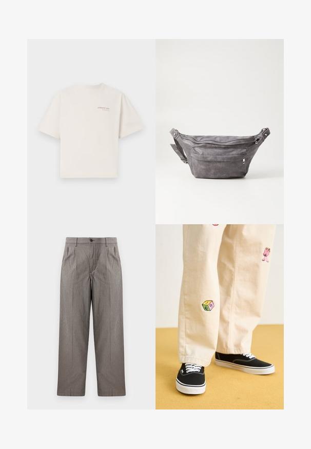 Lühikeste varrukatega ringkaelusega t-särk heleda valge puuvillaga, millel on roosast tekstist "ADRIATIC SEA" rinnal. Mugav lõige ja sile tekstuur.; Hallid halli houndstooth-trükk mustriga püksid sirge lõikega, millel on voldid, nööbiga kinnitatav vöökoht ja küljetaskud.; Bežistestased püksid, millel on mängulised tikandid, sealhulgas roosa tegelane ja värvikad plokid, koos mustade nöörkingadega.; Hallikate nahast vöö kott, millel on ümar kuju, kaks tõmblukuga taskut ning reguleeritav rihm. Varustatud metallist detailide aktsentidega.