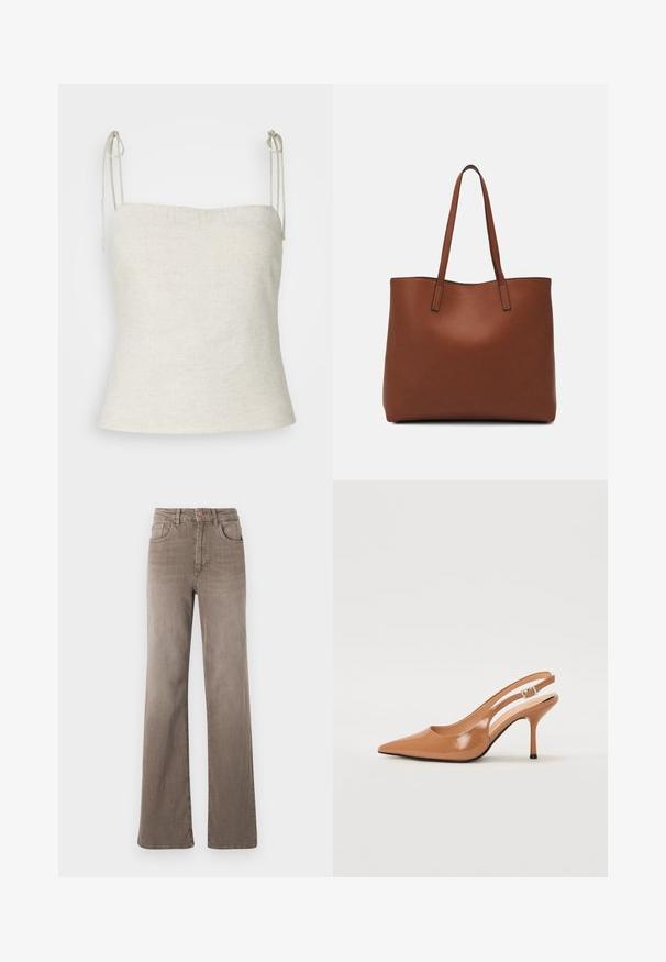 Bílý lněný top s nastavovacími šňůrkami na ramenech, rovný výstřih a přiléhavý silueta, která se směrem k lemu zužuje.; Hnědé džínsy s vysokým pasem, rovné nohy, předním knoflíkem, poutky na opasek a klasickým designem pěti kapes na bílém pozadí.; Sandy poprsko s úzkým podpatkem v hladkém, lesklém odstínu tan. Obsahuje zakřivený design s výřezem a štíhlý jehlový podpatek. Detail se stříbrnou sponou.; Hnědá kožená taška přes rameno s hladkou texturou, otevřeným designem a dvěma ramenními popruhy. Obsahuje minimální švy a žádné viditelné kovové prvky.