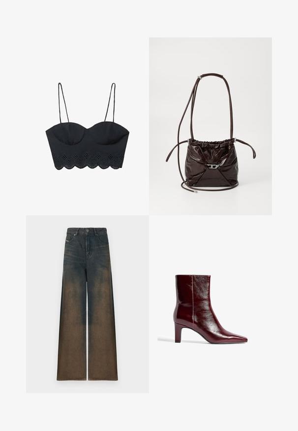 Črna skrajšana bustier majica z nastavljivimi tankimi naramnicami, ki ima valovito čipkast rob in izrezane detajle vzdolž spodnjega roba.; Široke hlače iz temnega džinsa z gradientnim prehodom od temno rjave do svetlo rjave, z klasičnim petim žepom in kovinskim gumbom za zapiranje.; Burgundska usnjena gležnarja s koničastim nosom, elegantne zasnove in srednjo blok peto. Gladka tekstura in minimalno šivanje.; Temno rjava sijoča usnjena torba čez ramo z nabiranim zgornjim delom in tankim nastavljivim trakom, ki je na sprednji strani opremljena z majhno kovinsko zaporo srebrne barve.