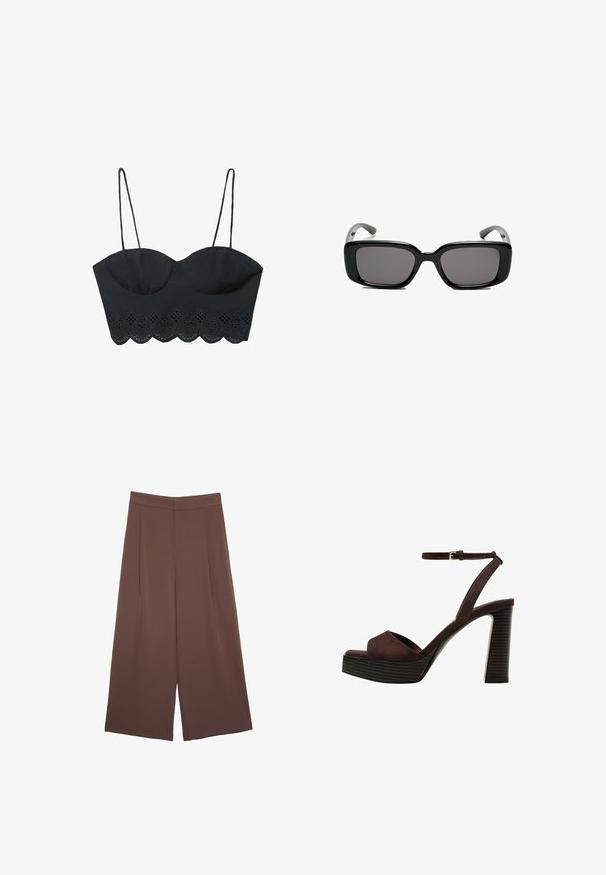Černý zkrácený bustier top s nastavitelnými tenkými ramínky, se zvlněným krajkovým lemem a výřezovými detaily podél dolního okraje.; Hnědé široké kalhoty s hladkou texturou, vysokým pasem a předními záhyby. Materiál je lehký a volně splývá.; Hnědé semišové sandály na vysokém podpatku s otevřenou špičkou, nastavitelným páskem kolem kotníku a proužkovou platformou.; Černé obdélníkové sluneční brýle s tmavými skly, hladkým plastovým rámem a zakřivenými stranicemi. Design je robustní s minimalistickou estetikou.