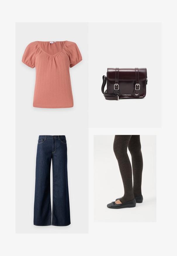 Rožnata majica z V-izrezom in napihnjenimi rokavi. Iz ribane tkanine, ki ima subtilno teksturo in sproščen kroj. Gladek, lahek material.; Široke hlače iz temnega modrega denima. Imajo kontrastno šivanje, pet žepov in gumbasto zapiranje v pasu. Gladka tekstura.; Črne ravne čevlje z majhnim lokom na prstih, v kombinaciji s temno rjavimi rebrastimi nogavicami. Čevlji imajo gladko teksturo in nizko obliko.; Burgundska patentna usnjena torbica čez ramo z pravokotno obliko, dvema trakovoma, srebrno kovinsko opremo in zapiranjem na preklop.