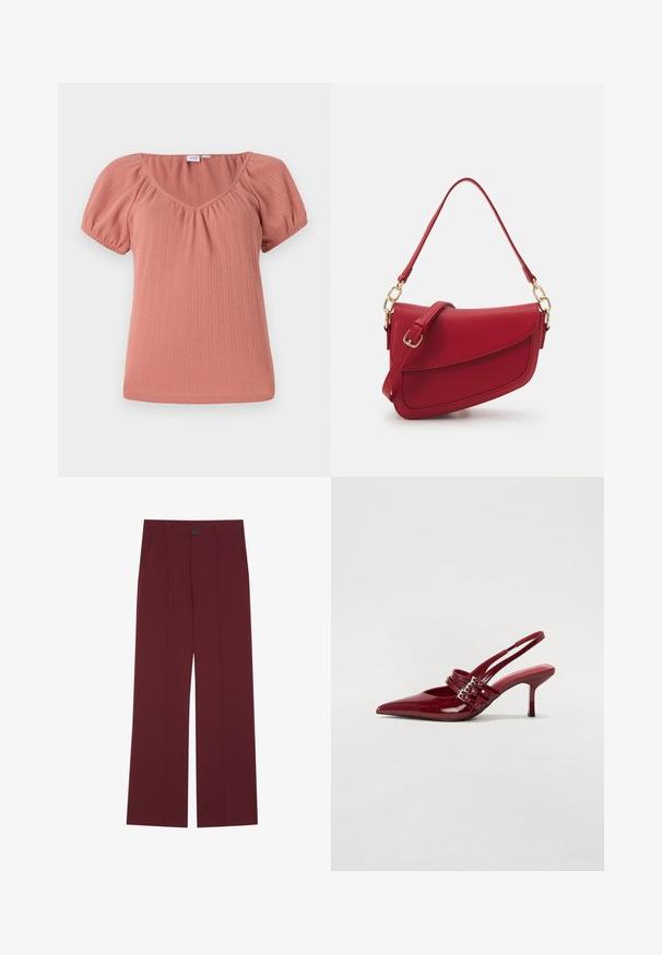 V-neck pink top with puff sleeves. Made of ribbed fabric, featuring subtle texture and a relaxed fit. Smooth, lightweight material.; Burgundy trousers with a wide leg design, featuring a button closure, two side pockets, and creased front detailing. Smooth fabric texture.; Red patent leather slingback heels with a pointed toe, two buckle straps, and a slim, mid-height stiletto heel. Smooth texture.; Red textured leather shoulder bag with a long strap and gold hardware, featuring a curved flap closure and a structured silhouette.