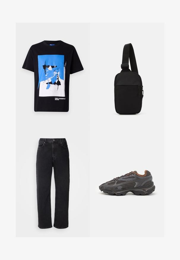 Must hall järgnev must puuvillane t-särk, millel on julge sinine ja valge graafika näost, millel on prillid. "KARL LAGERFELD JEANS" on trükitud alt.; Mustad teksad sirge lõikega, viie taskuga ja kontrastsete õmblustega. Omab nööpkinnitust ja vöölõikeid.; Tumed hallid Lacoste tossud, mis on valmistatud võrkkangast ja sünteetilisest materjalist, omavad tekstureeritud talla ning pruune aktsente kaeluse ja brändingu juures.; Mustmust crossbody kott mustekangast, millel on üks reguleeritav rihm, lukuga põhiosas ja eesmine tasku.