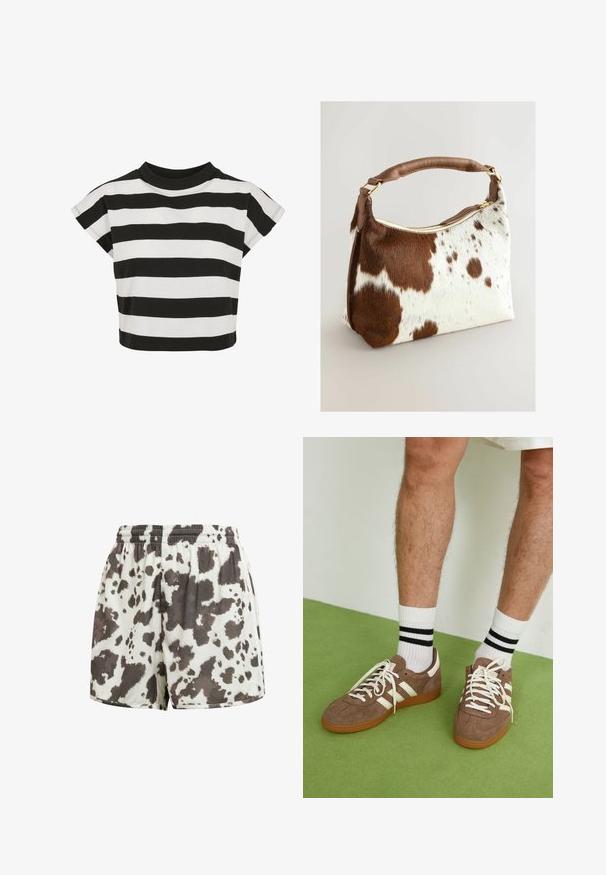Sort og hvid stribet crop top med rund halsudskæring og korte, capærmer; lavet af blødt bomuldsstof.; Stribede shorts i creme med et brunt og sort kvægprint. Glat tekstur, løs pasform, sydd kant og elastisk talje.; Brune ruskind sneakers med hvide detaljer og snørebånd. Gummisål i naturgummi. Båret med hvide sokker med sorte striber. Grøn struktureret gulv.; Lædertaske i gedeskind med brun og hvid pletmønster, brun læderrem, guldlås og blød tekstur. Struktureret form med afrundede kanter.