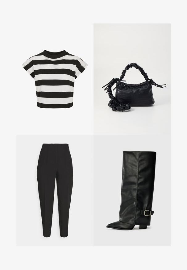 Top corto a rayas blanco y negro con cuello redondo y mangas cortas tipo capita; hecho de material de algodón suave.; Los pantalones negros ajustados presentan una cintura alta, pliegues frontales, piernas ajustadas y una textura suave. Están fabricados con una tela ligera y no tienen cierres visibles.; Botas de cuero negro hasta el tobillo con punta afilada, textura suave y un detalle de hebilla plateada en el lado. Tacón cuadrado grueso.; Bolso de mano de imitación cuero negro con textura de cocodrilo, parte superior fruncida y correa arrugada. Presenta un diseño suave y compacto.